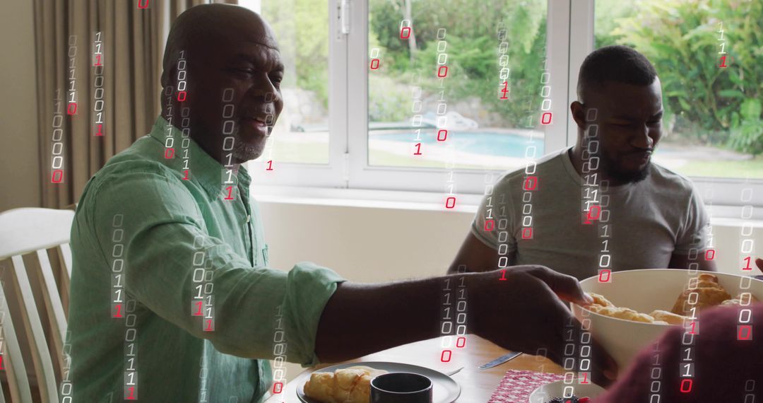 Multigenerational family sharing meal around sunny dining table, passing bowl of bread
