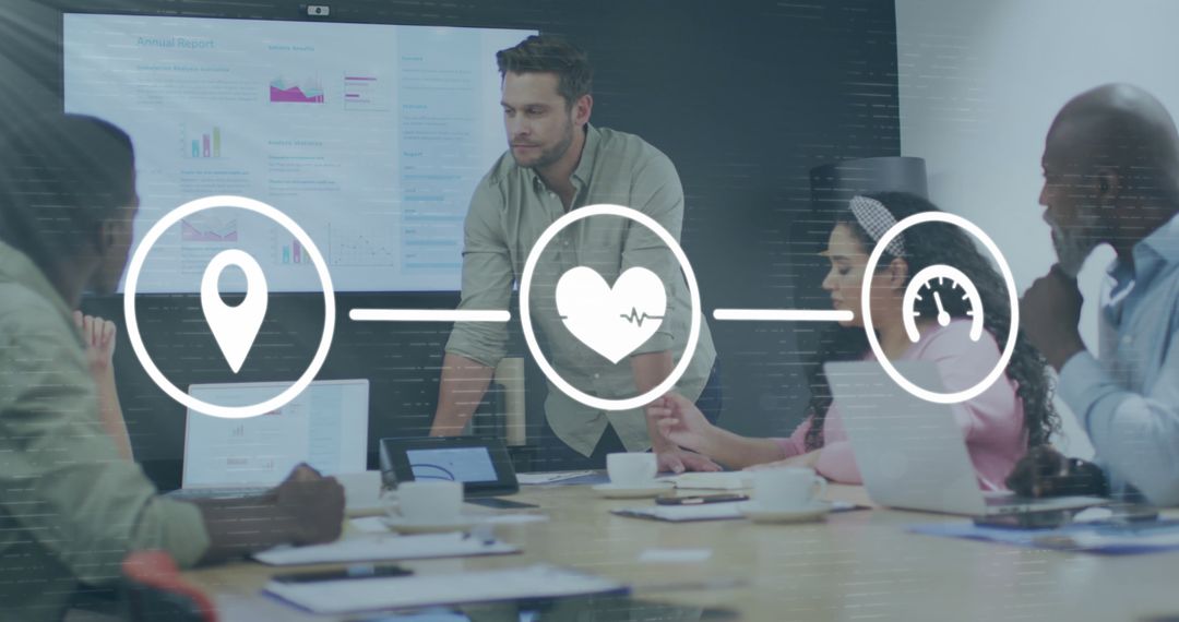 Diverse Team Collaborating with Futuristic Icons in Office Meeting