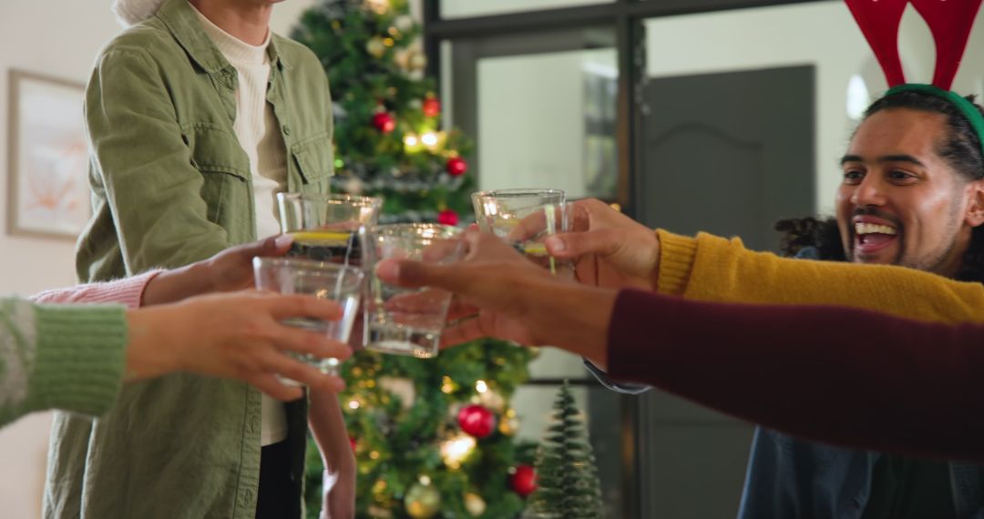 Diverse Friends Celebrating with Holiday Toast by Christmas Tree