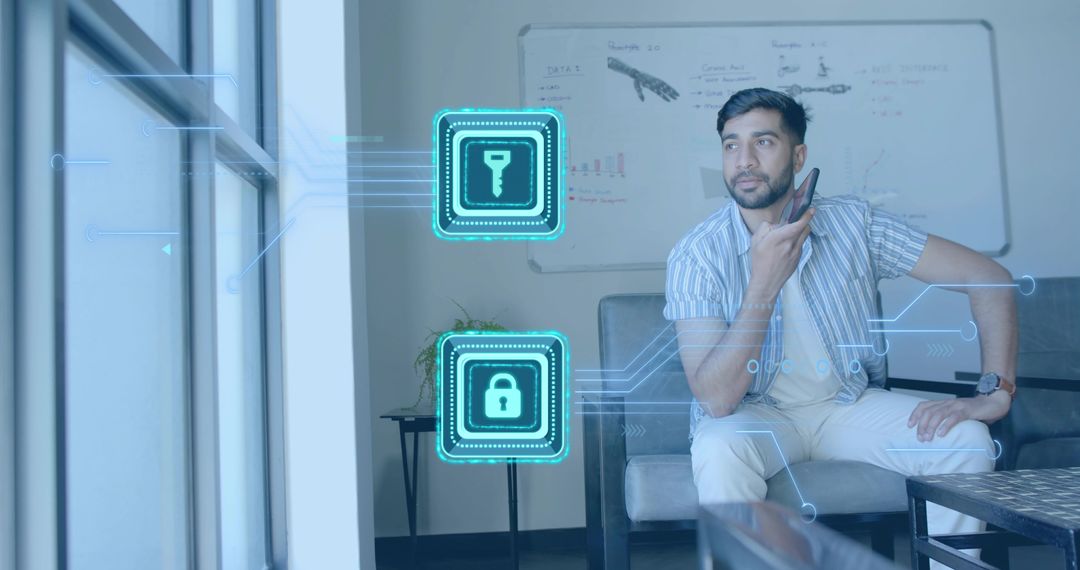 Businessman Using Smartphone with Futuristic Digital Technology Icons