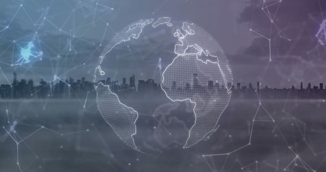 Digital Globe with Networks Against City Twilight Skyline