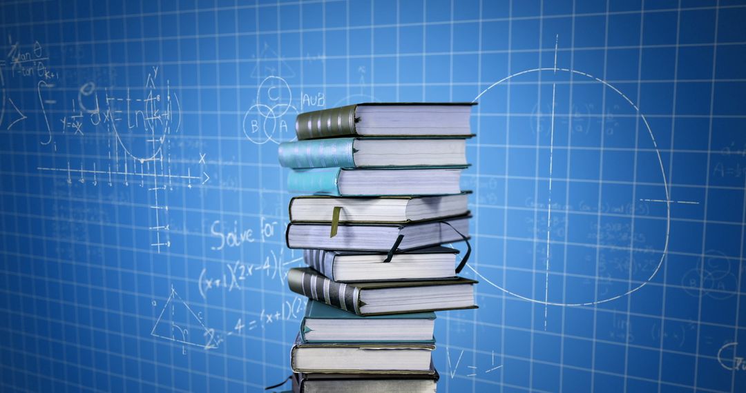 Pile of Books with Mathematical Equations and Graphs on Blue Background - Free Images, Stock Photos and Pictures on Pikwizard.com