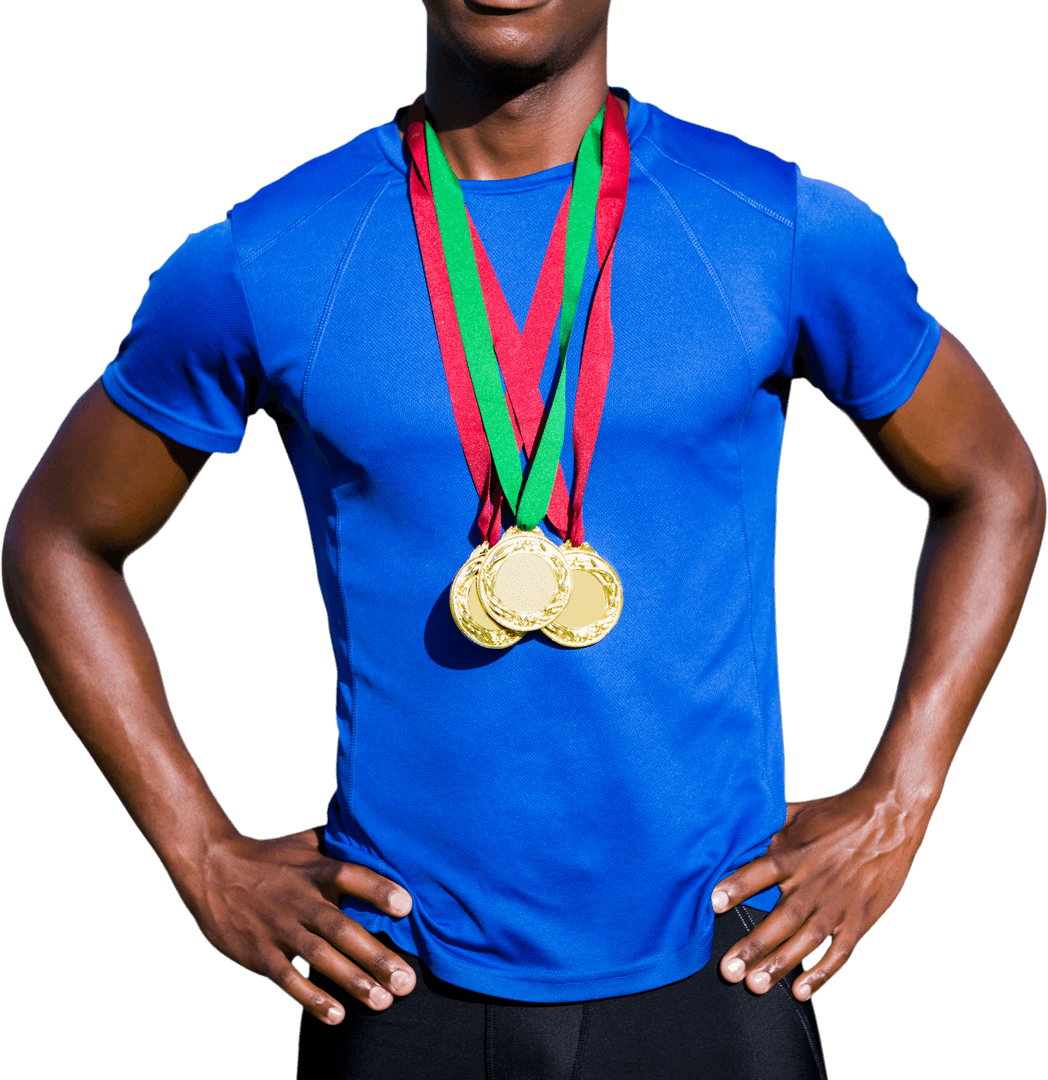 Triumphant Athlete Displaying Gold Medals on Transparent Background