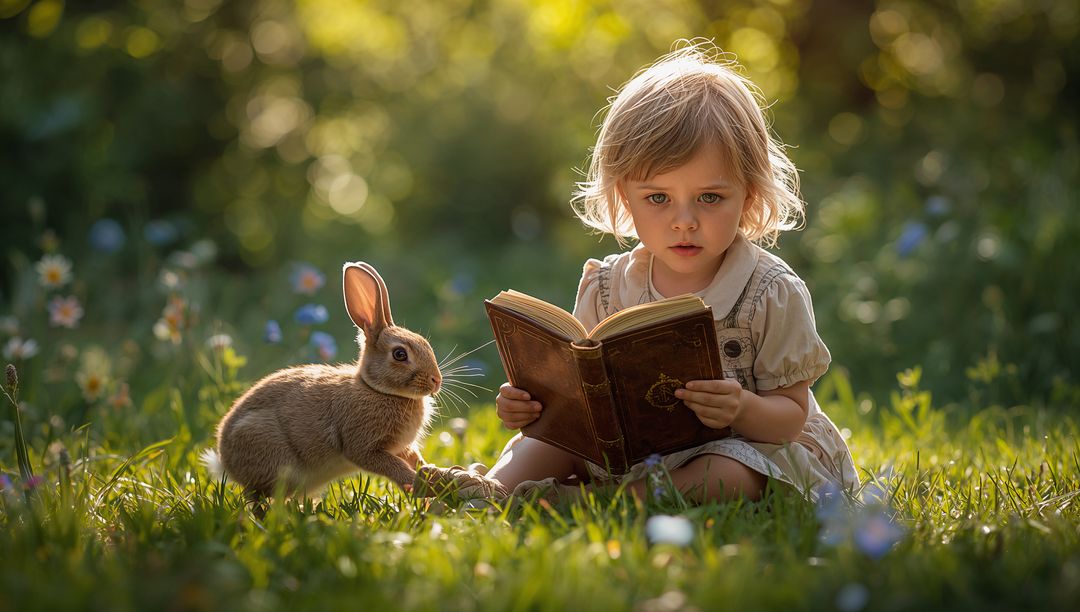 Toddler Reading Antique Book in Sunlit Meadow with Curious Brown Rabbit at Golden Hour