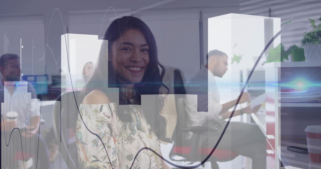 Smiling Colleague in Open Office with Data Overlays Enhancing Collaboration