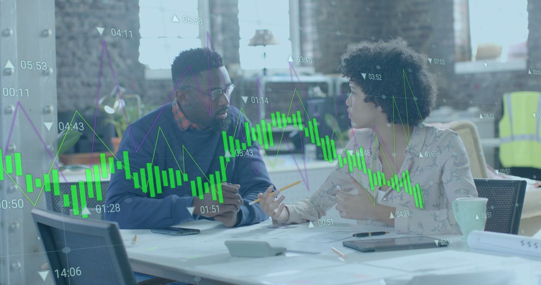 Business Colleagues Discussing Stock Market Performance with Data Overlay - Free Images, Stock Photos and Pictures on Pikwizard.com