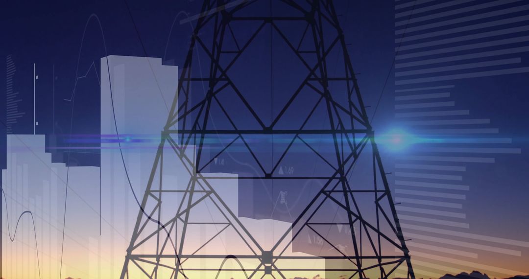 Silhouette of Electricity Tower at Sunset with Urban Grid Background