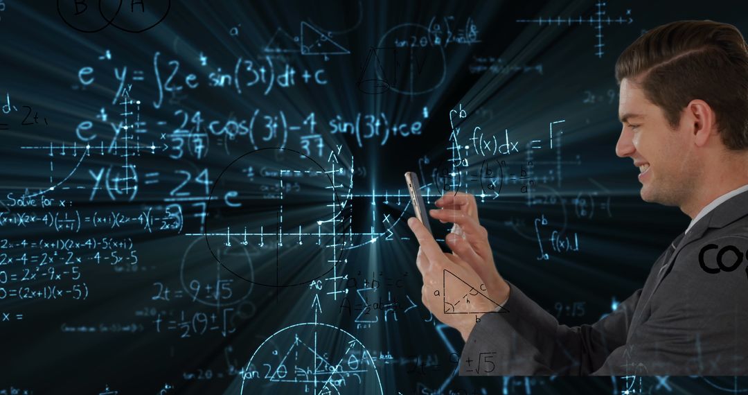 Businessman Using Tablet Amidst Scientific Equations and Data Analyzing