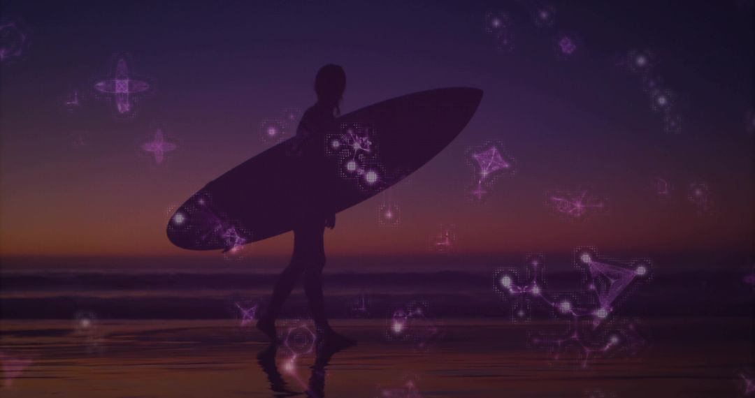 Silhouette Surfer Walking at Twilight with Celestial Glow
