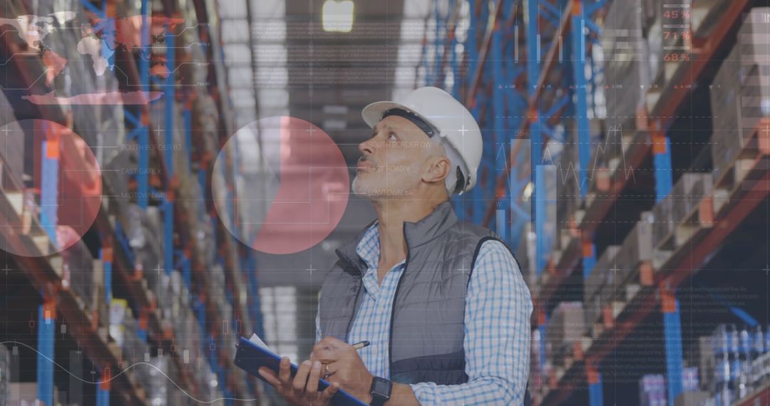 Warehouse Worker Analyzing Data Innovation in Large Storage Facility