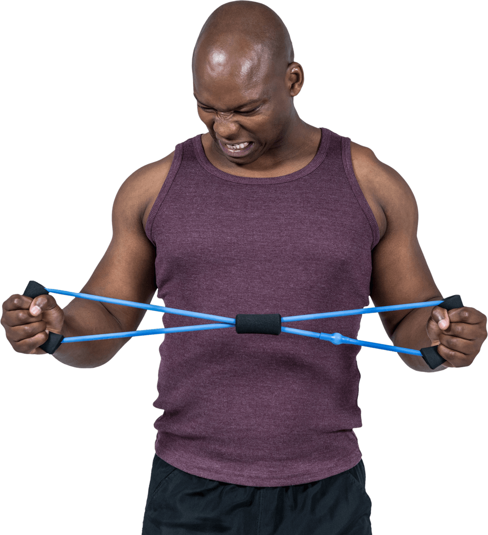 Transparent Fit Man Exercising with Resistance Band for Workout
