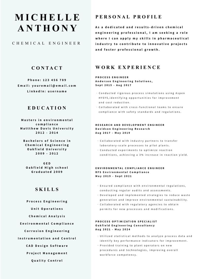 Professional Chemical Engineer Resume with Experience and Skills - Download Free Stock Templates Pikwizard.com