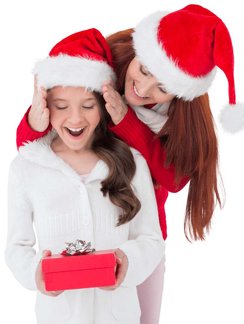Mother and Daughter with Santa Hats Holding Gift Box on Transparent Background