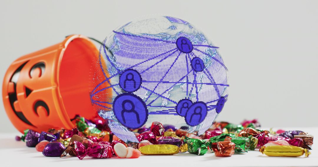 Holographic Globe Network Over Jack-o'-Lantern Candy Spill Halloween Tech Connections