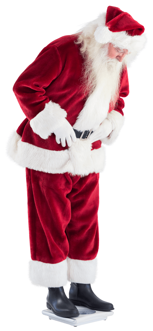 Santa Claus Measuring Weight on Scales with Transparent Background