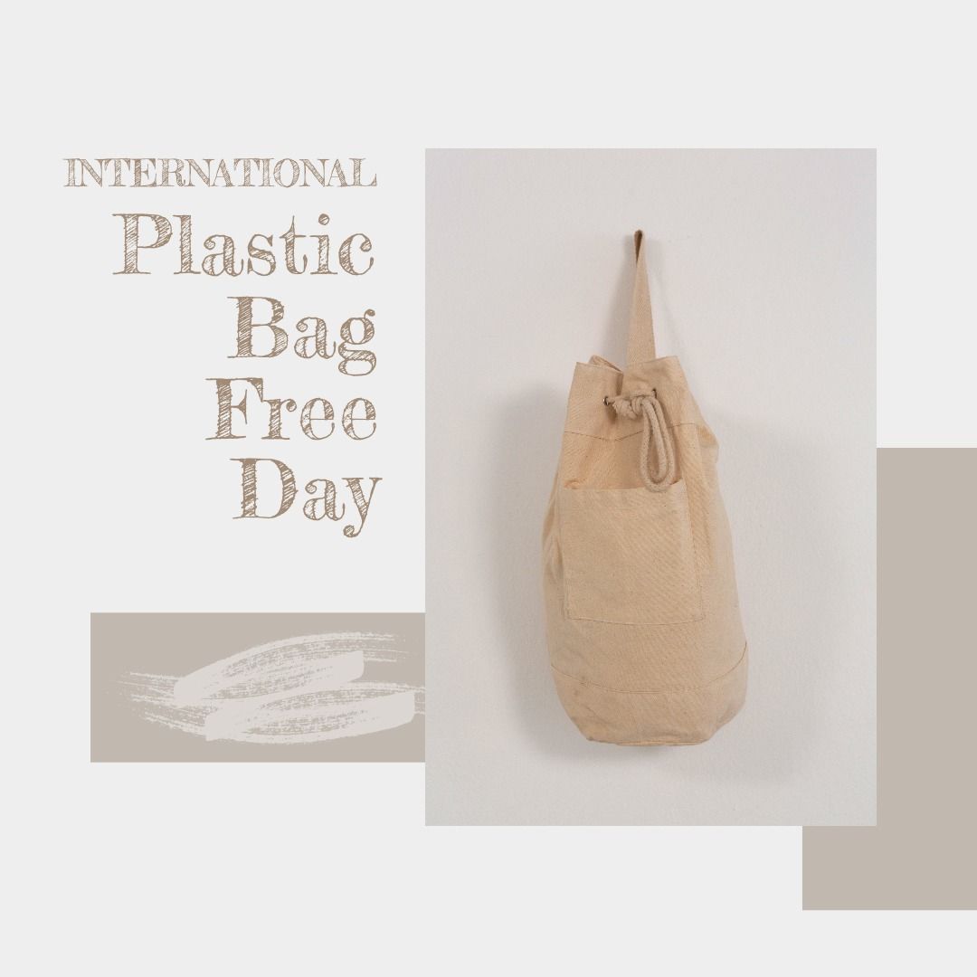 Digital composite image of international plastic bag free day text with beige textile bag hanging - Download Free Stock Templates Pikwizard.com
