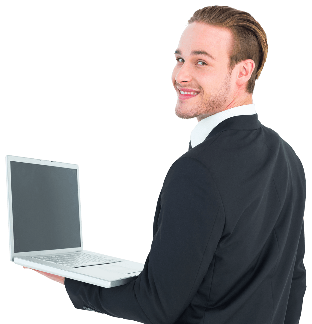Smiling Businessman Holding Transparent Laptop on White Background