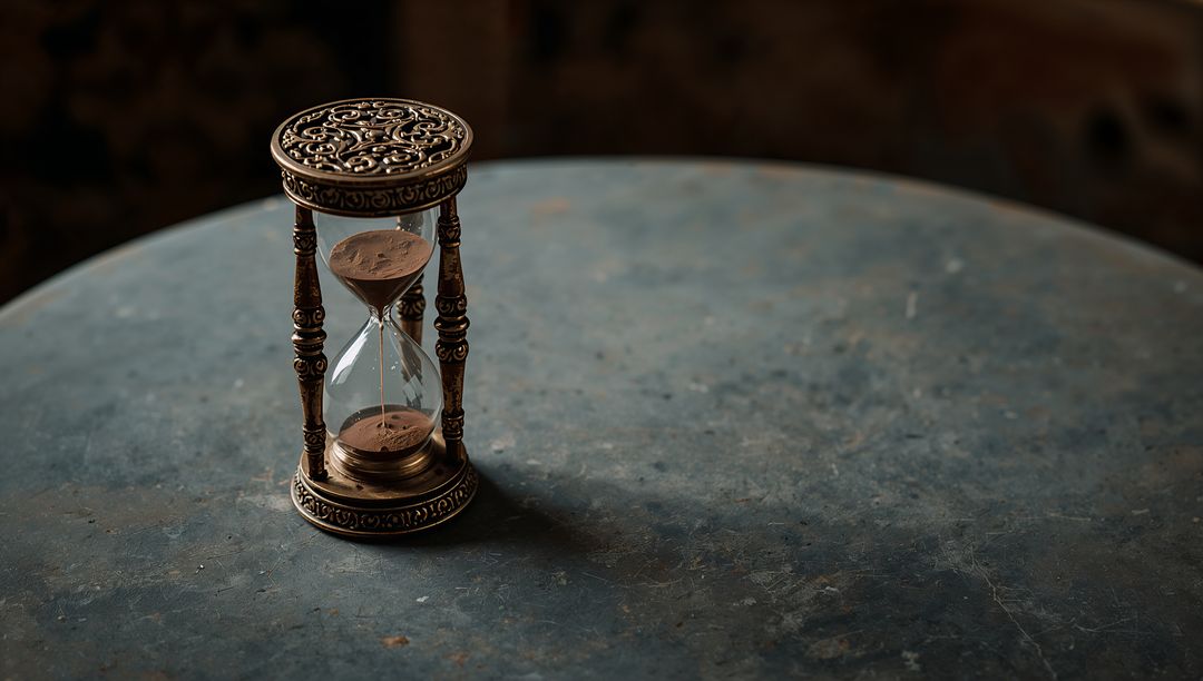 Antique Hourglass on Weathered Table in Vintage Setting