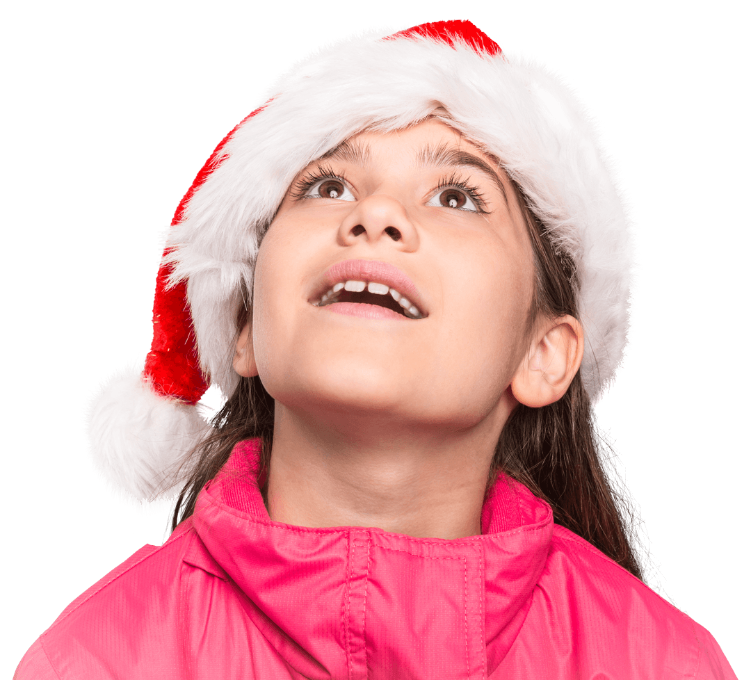 Festive Girl in Santa Hat with Surprised Expression on Transparent Background