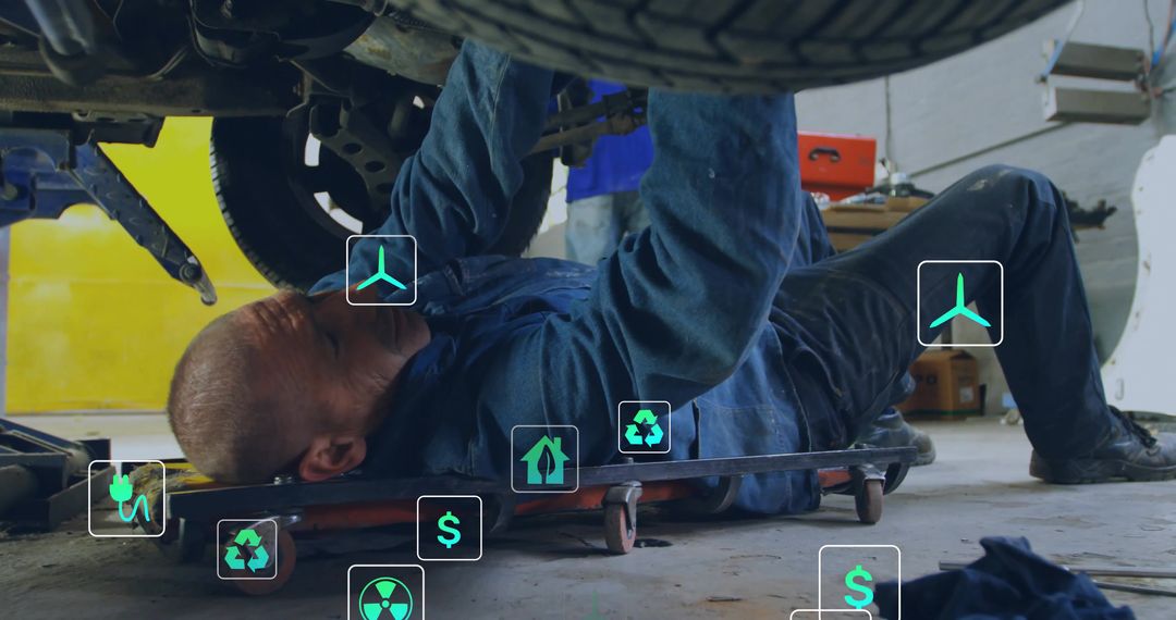 Mechanic Inspecting Vehicle Undercarriage on Creeper in Garage