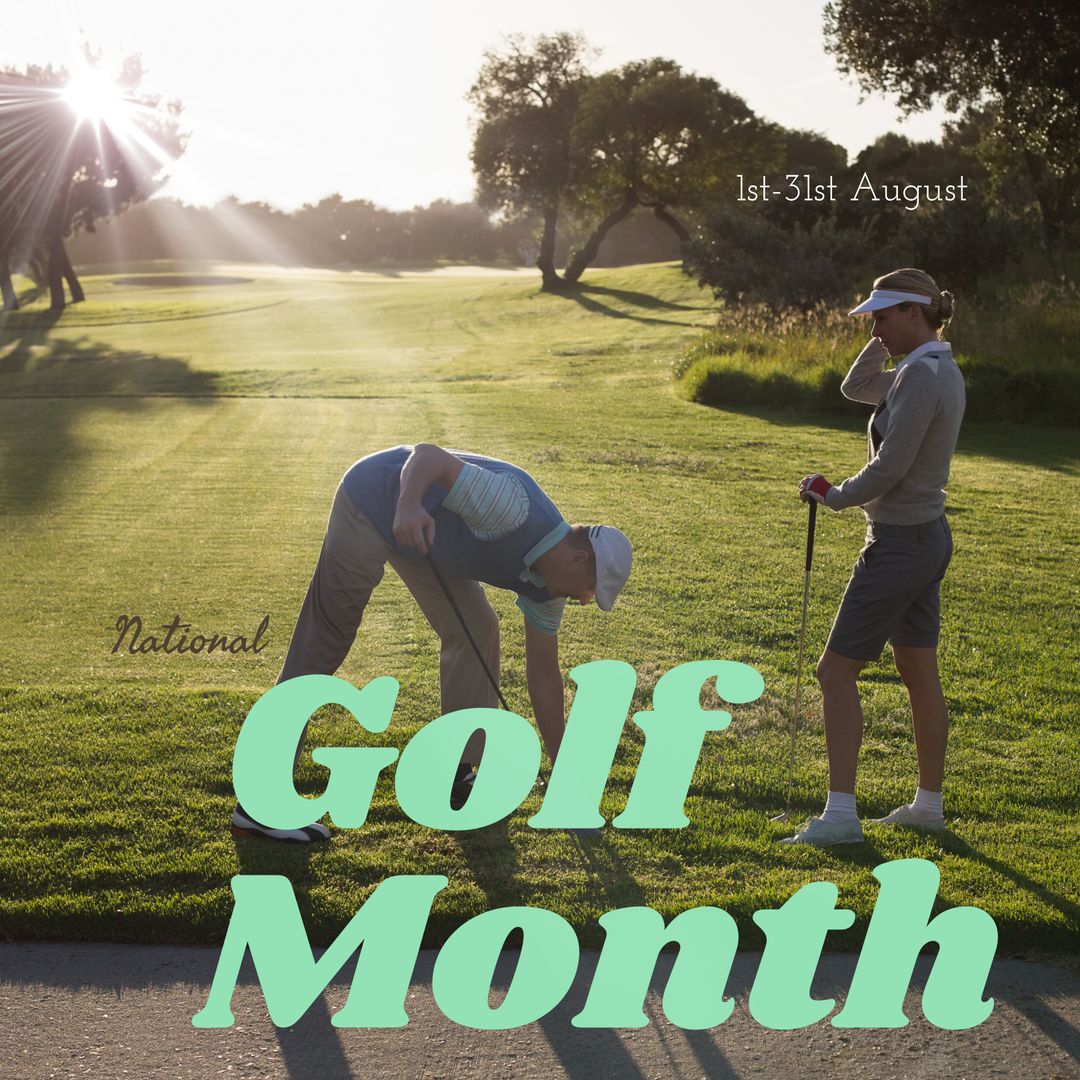 Caucasian Mature Man Playing Golf with Young Woman During National Golf Month in August - Download Free Stock Templates Pikwizard.com