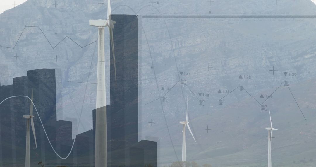 Wind Turbines at Mountain Foothills with Data Visualization Overlay