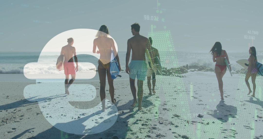 Group of Friends Strolling with Surfboards on Sunny Beach