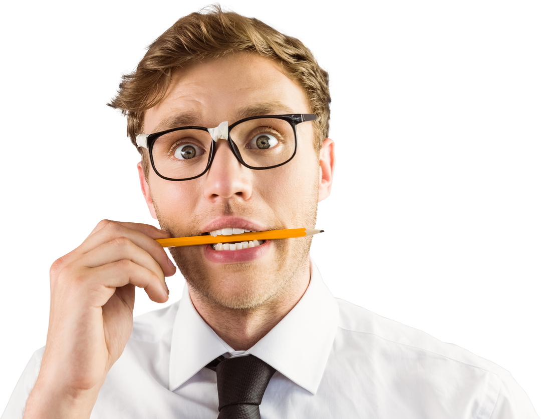 Geeky Professional Cartoonishly Biting Pencil on Transparent Background - Download Free Stock Images Pikwizard.com