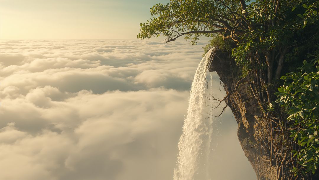 Waterfall Cascading Off Cliff into Cloud Sea with Golden Atmosphere