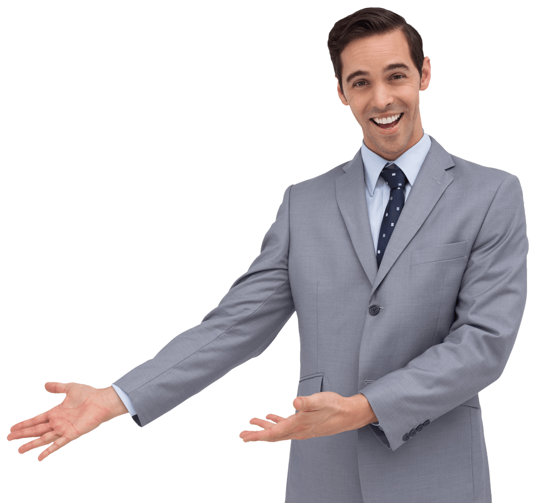 Cheerful Businessman Presenting With Open Arms Transparent Background