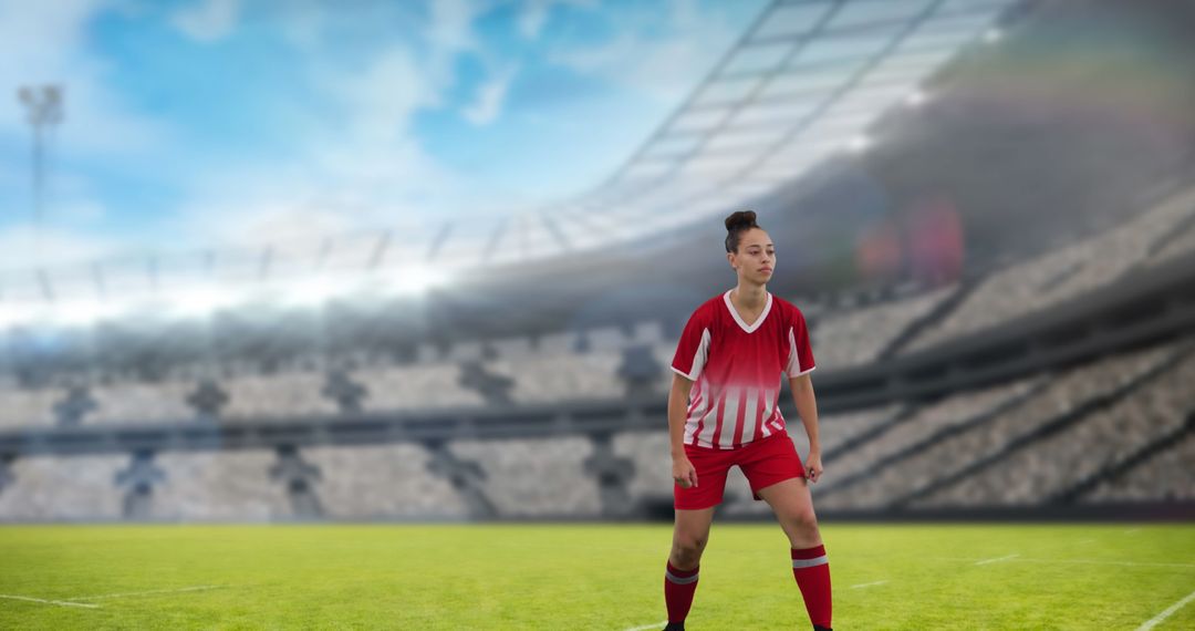 Female Soccer Player in Shining Empty Stadium