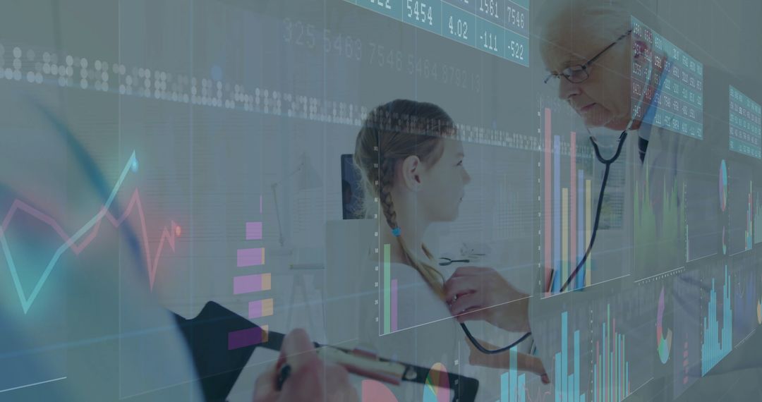 Caucasian Doctor and Patient with Digital Financial Data Overlay