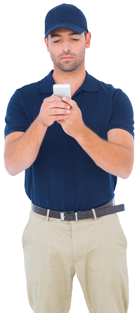 Courier Man Using Mobile Phone on Transparent Background