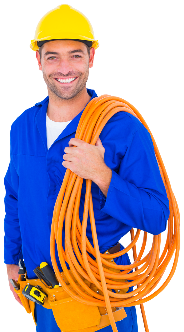 Smiling Electrician Holding Orange Transparent Cable Retouching Photo - Download Free Stock Images Pikwizard.com