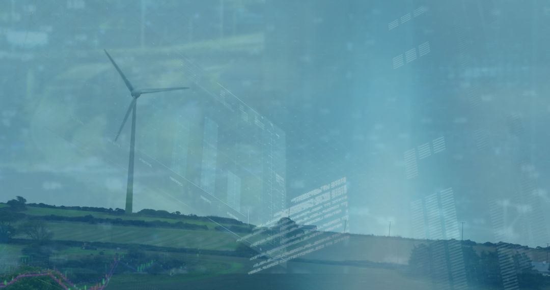 Wind Turbine on Green Hillside Overlaid with Digital Data Graphics