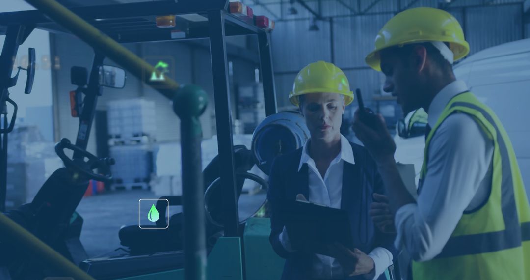 Warehouse Team Managing Stock with Hard Hats and Equipment