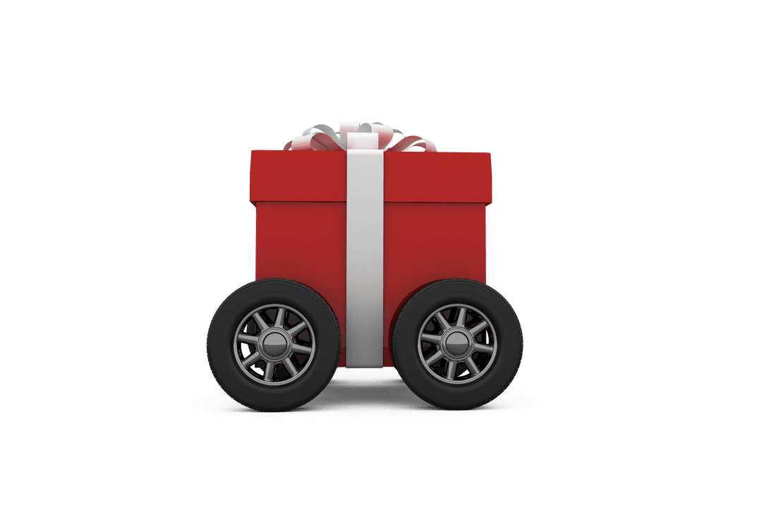 Transparent Red Gift Box with Wheels and White Ribbon