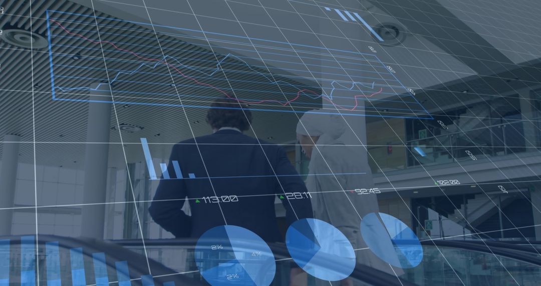 Businesspeople on Escalator with Digital Financial Data Overlay