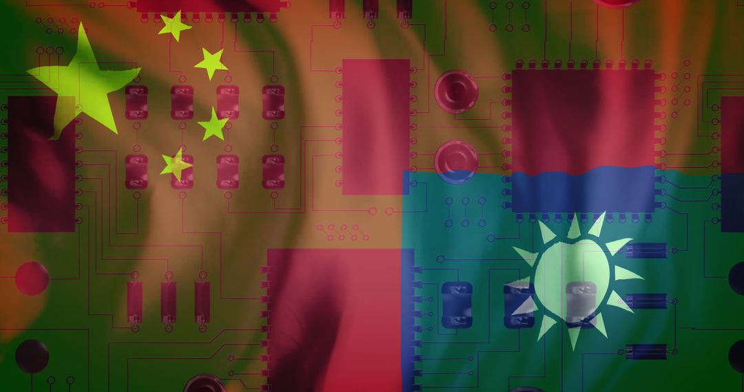 China and Taiwan Flags on Circuit Board Background