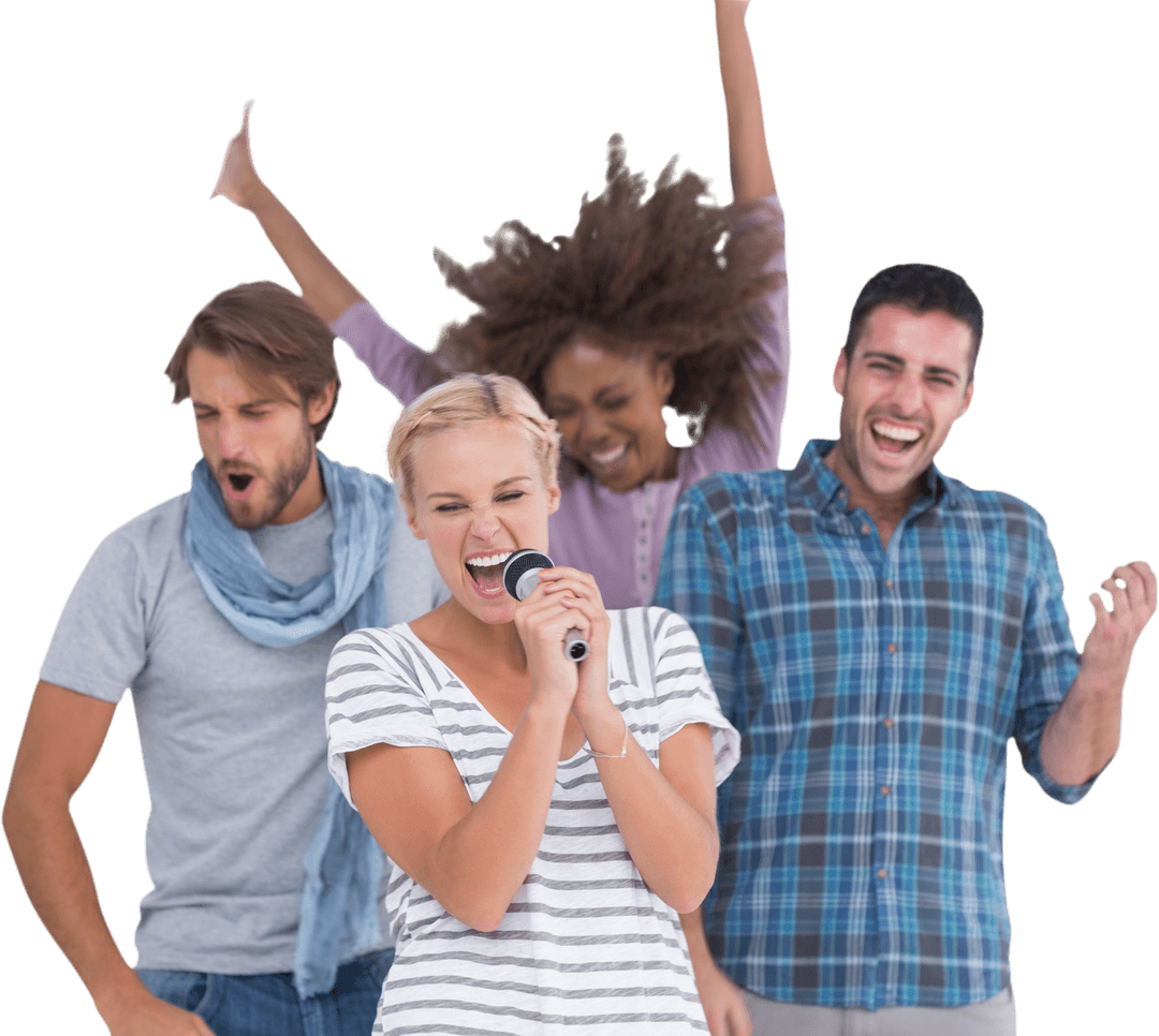 Diverse Group Singing Karaoke with Transparent Background