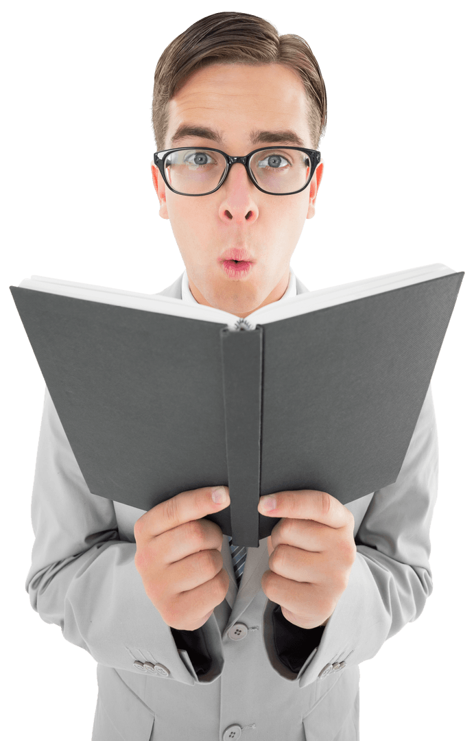 Surprised Author Reading Transparent Book Cover Image