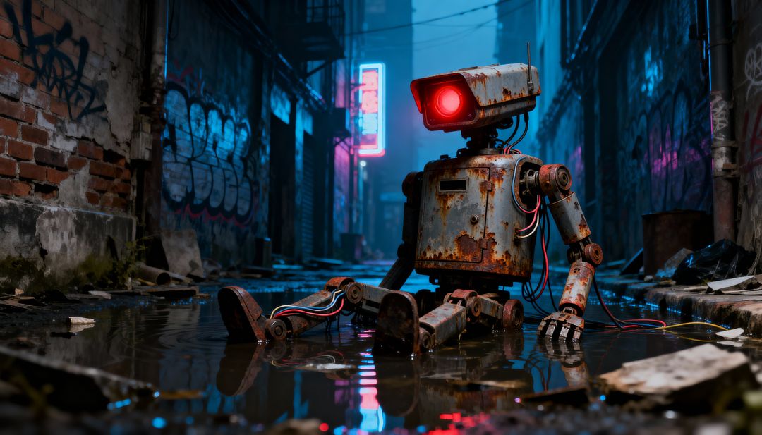 Rusted Robot Sitting in Neon Alley at Night with Red Eye, Exposed Wires and Puddles