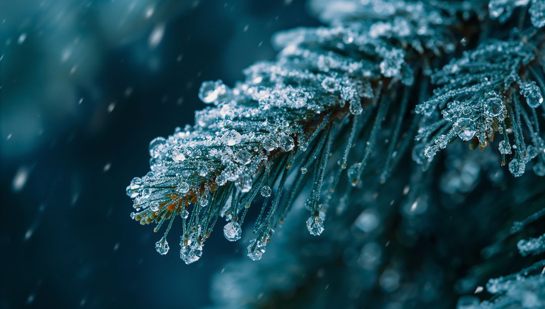 Glistening Ice-Covered Evergreen Branch in Winter Forest
