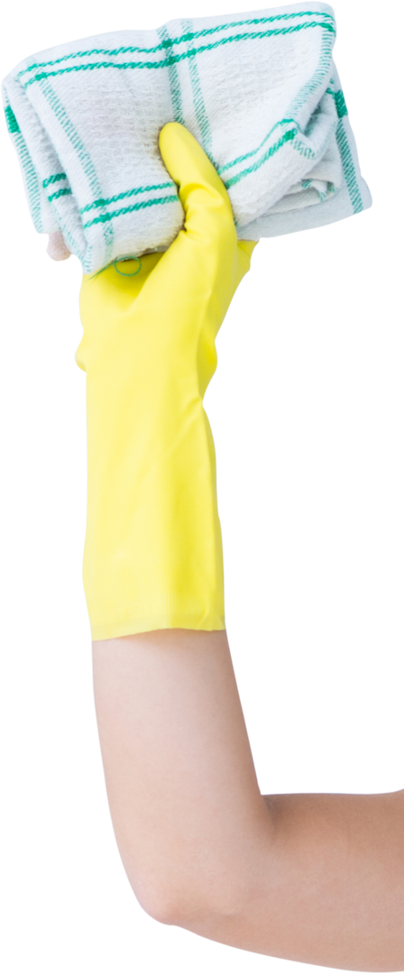 Woman's Hand Wearing Yellow Glove Holding Dish Towel on Transparent Background - Download Free Stock Images Pikwizard.com