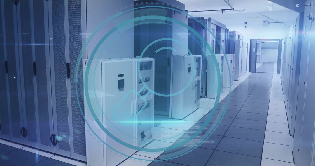 Futuristic Data Center with Cybersecurity Overlay