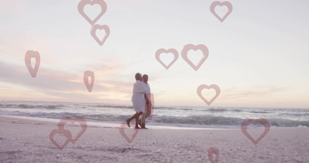 Romantic Couple Embracing on Beach at Dusk with Heart Overlay