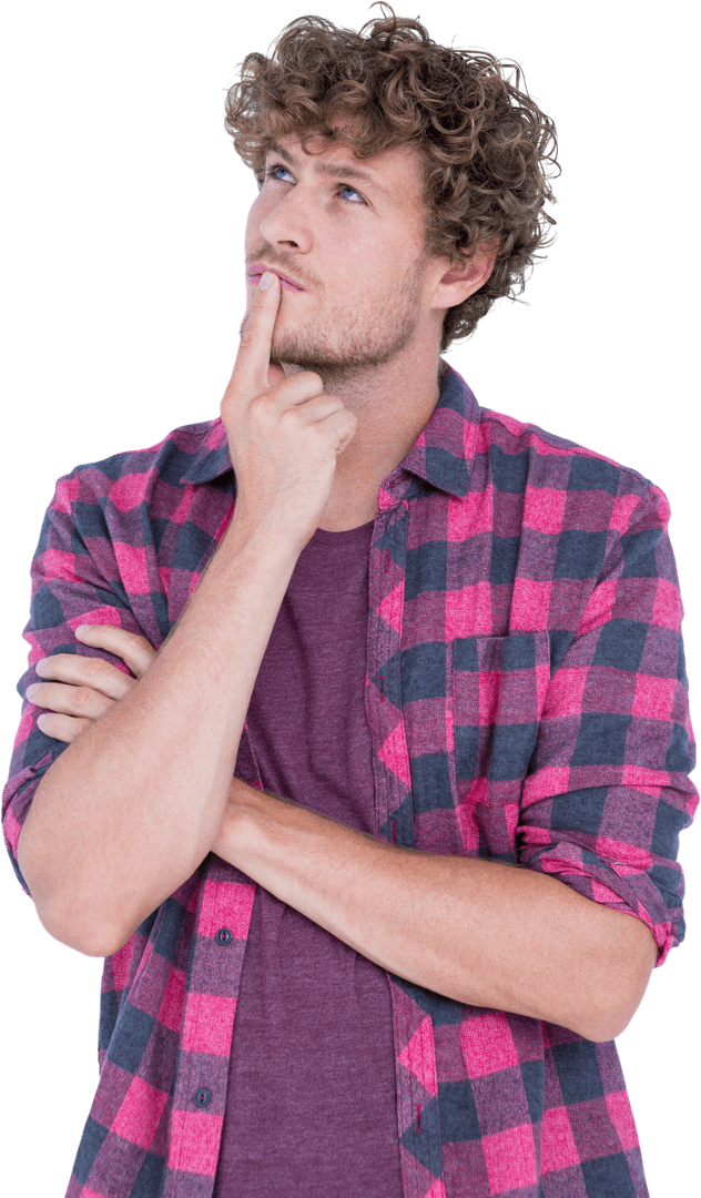 Contemplative Man in Plaid Shirt Thinking Transparently