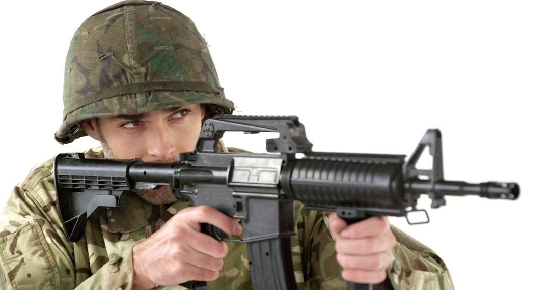 Soldier Aiming Rifle with Determined Gaze - Free Images, Stock Photos and Pictures on Pikwizard.com