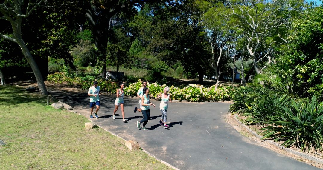 Group of People Jogging in City Park on Sunny Day - Free Images, Stock Photos and Pictures on Pikwizard.com