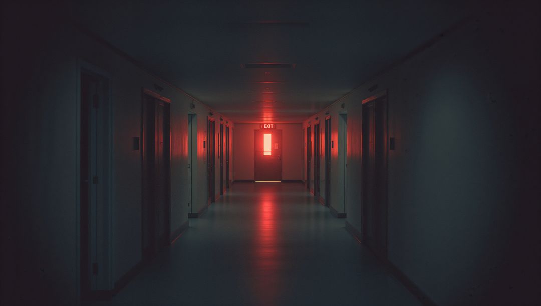Dimly Lit Corridor with Glow from Illuminated Exit Sign